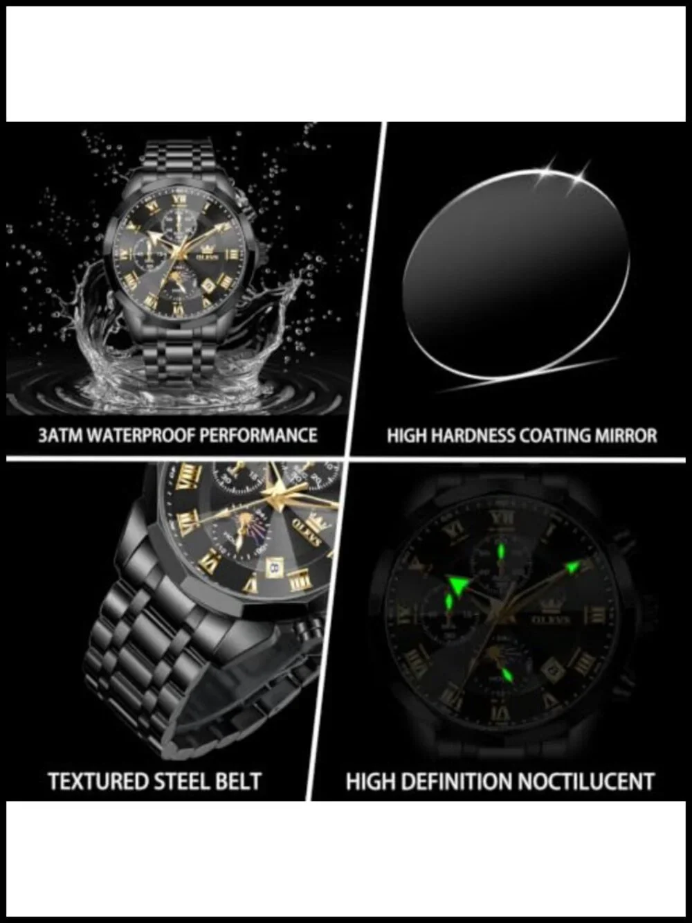 Mens Chronograph Watch Stainless Steel Analog Quartz Waterproof Dress Watch
